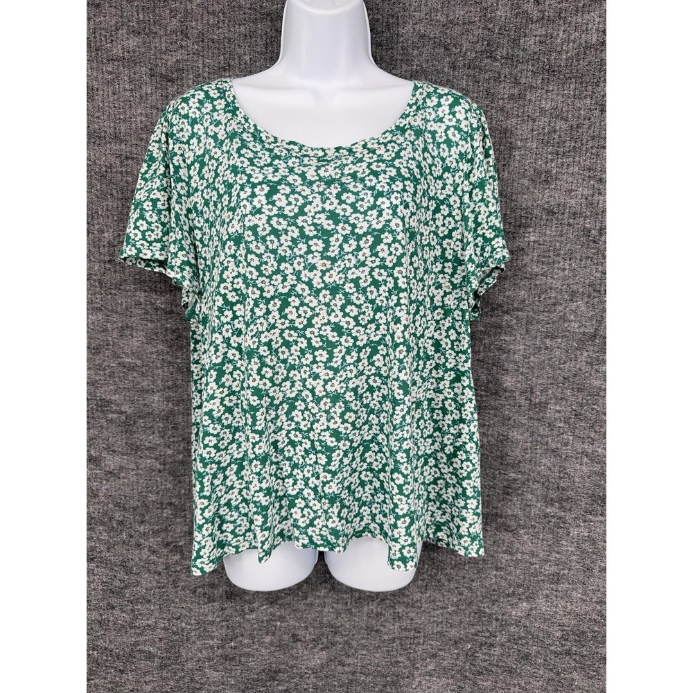 Lucky Brand Shirt Womens XL Green Floral Scoop Neck Short Sleeve Tee‎ Top